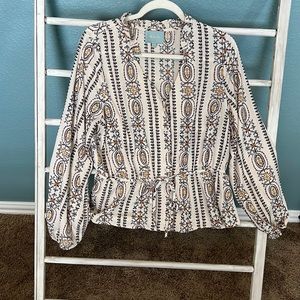 Ruched Button-Down Peplum Top with Tie Waist sz L